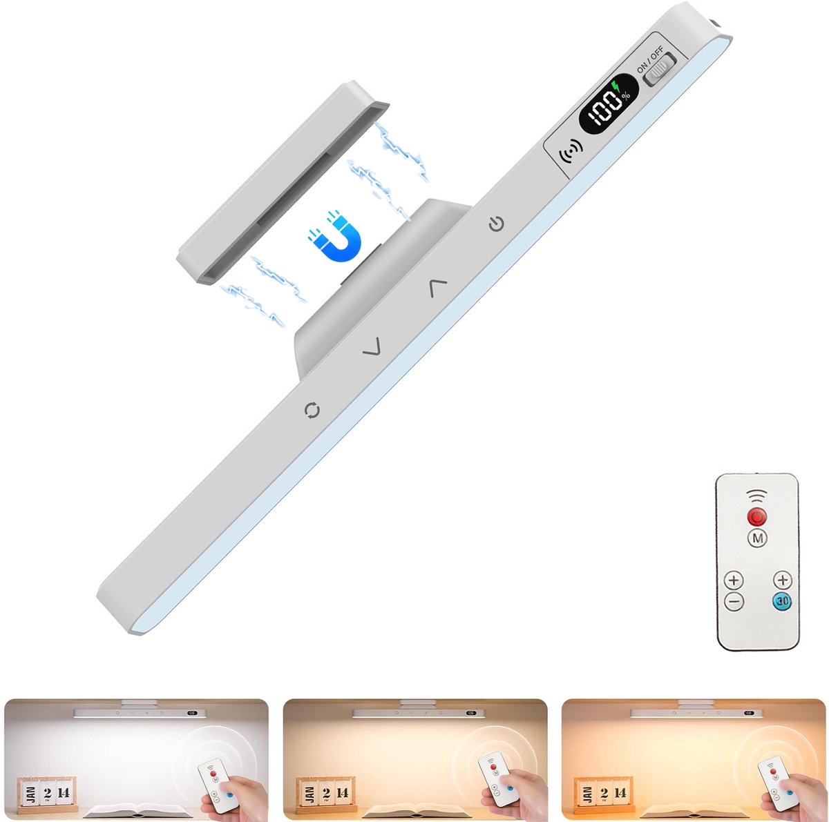 REFTTENW Led Kastverlichting - Led Leeslamp - Met Magneet - Oplaadbaar - Met Afstandsbediening - Dimbaar - Spiegellamp Usb C Oplaadbaar - Hoek Verstelbaar (90°) - Wit