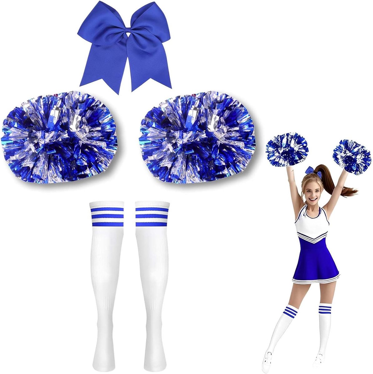 Pom Poms voor Cheerleaders – Blauwe Pompoms met Gestreepte Sokken en Vlinder Haarelastiek – Lichtgewicht en Duurzaam voor Evenementen en Sportcompetities