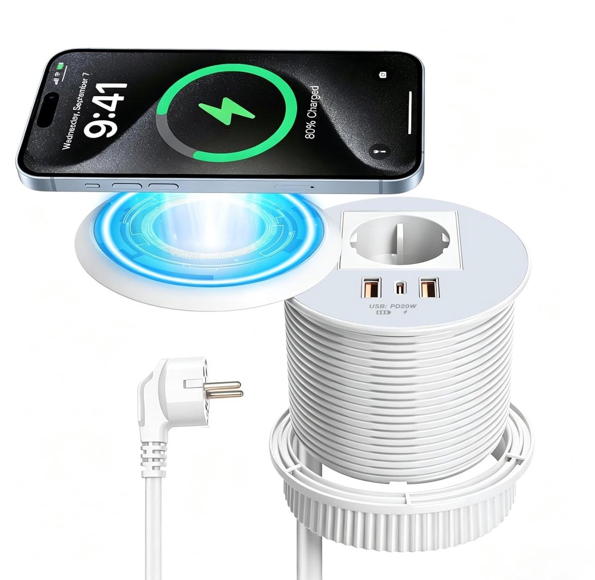 Rond inbouwstopcontact met USB-C PD 20W en draadloos opladen, intrekbaar tafelstopcontact voor bureau en meubels, 1,5 m kabel, wit en multifunctioneel