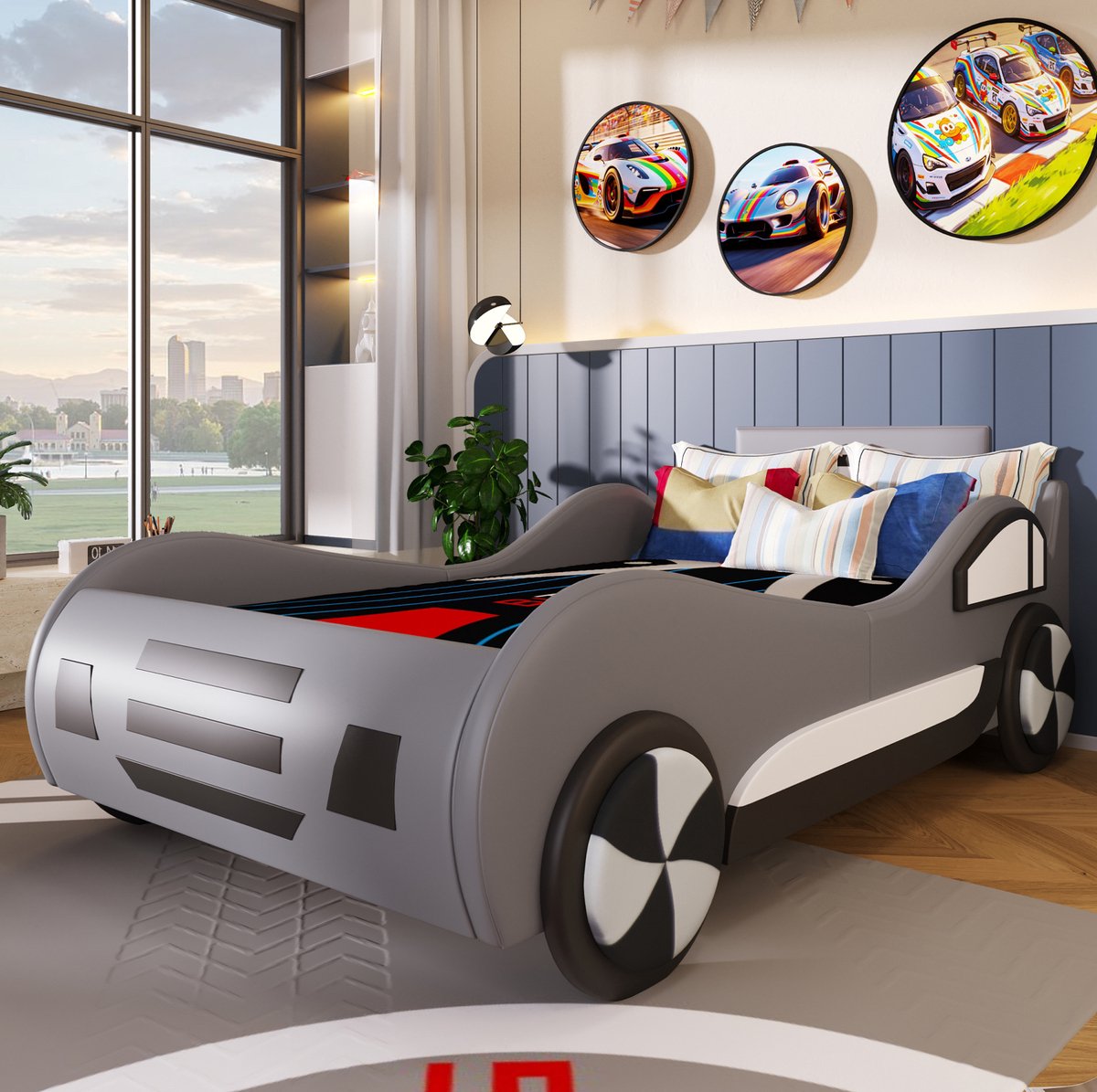 Wishdor Autobed 90 x 200 cm - Met lattenbodem - Met opbergruimte - Voor kinderen - mdf en kunstleer - grijs - Inclusief bedframe