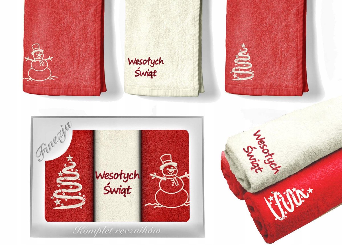 KONEY - Set keukenhanddoeken 3 stuks 30 x 50 cm - kerstborduursel - Rood;Ecru - 500 g/m²