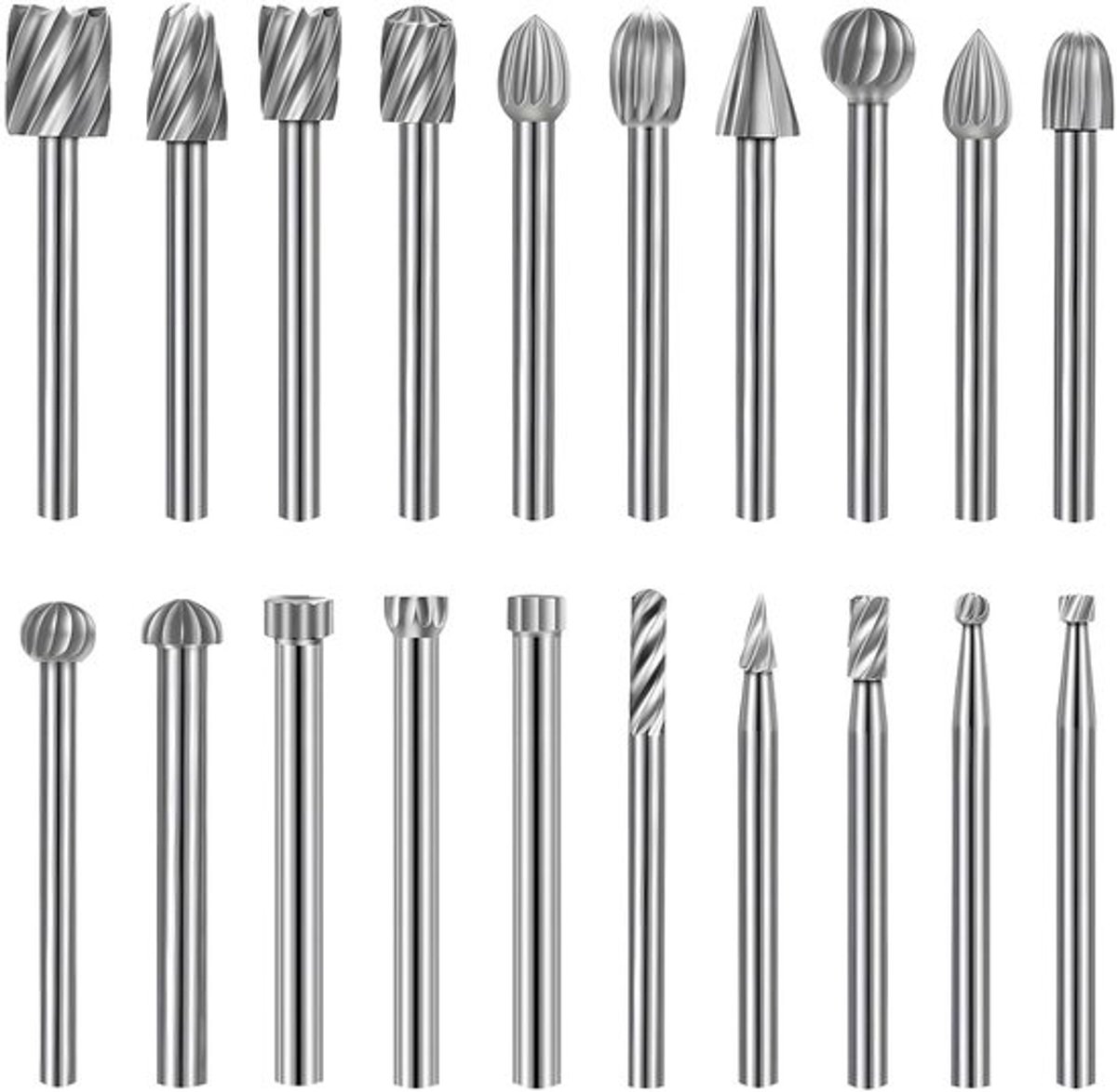 LALAGO 20 stuks HSS frezen draaifrezen set, houtsnijwerk frezen boorset, freespennen voor metaal Dremel, hardmetaal rotatiefrees set voor houtbewerking snijden en boren