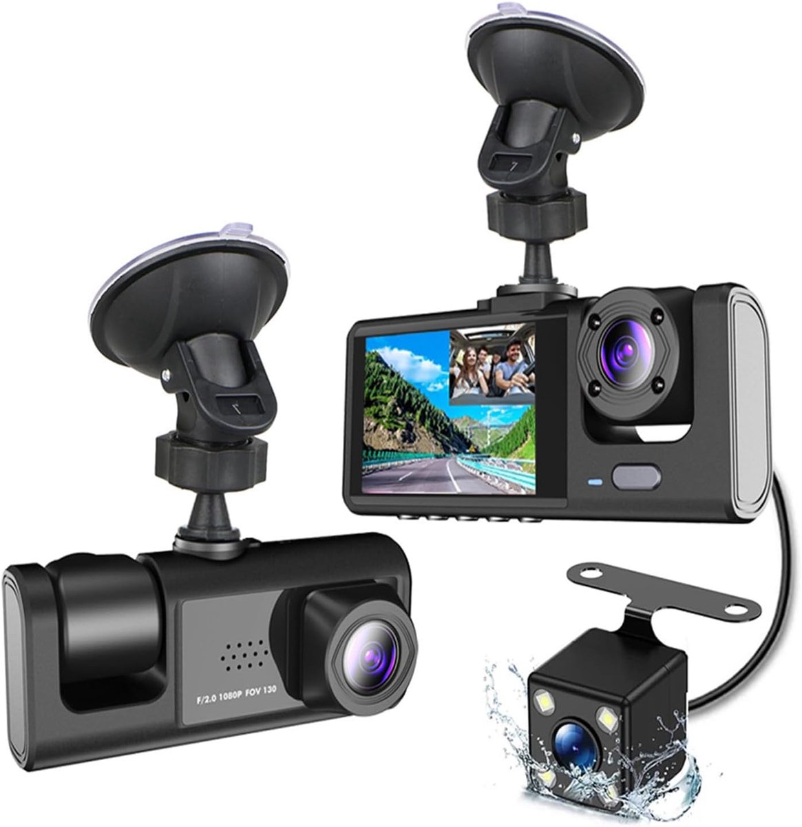 SnelShoppen - Dashcam Voor en Achter met 3 Camera's - 1080p Voorkant, 720p Binnen en 480p Achteruitkijkcamera - Nachtzicht, Videorecorder voor Auto
