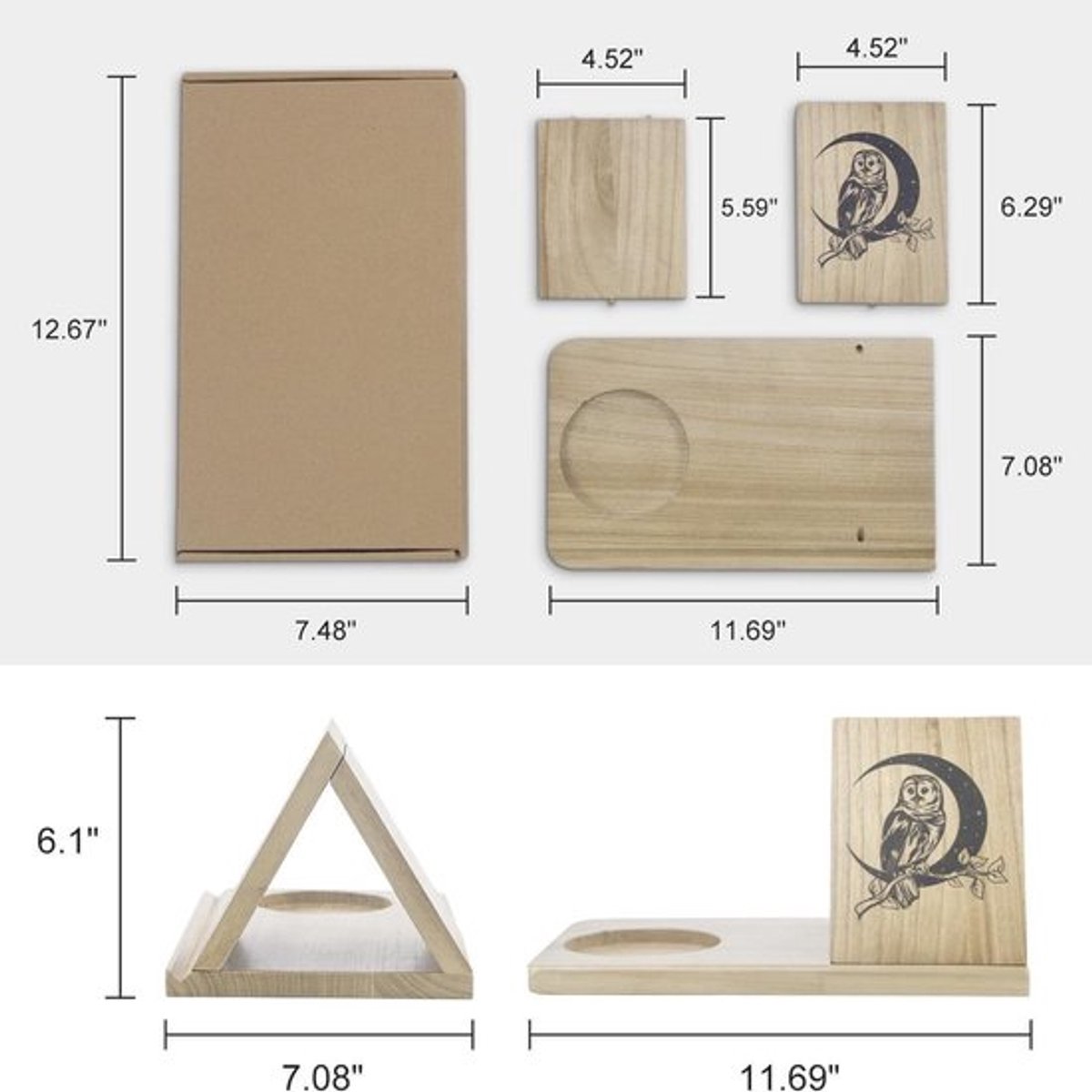 Driehoekige boekenplank van massief hout voor op het bureau, leesplank voor op het bureau met koffiekopjeshouder en houten telefoonstandaard