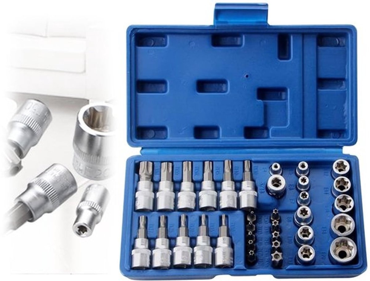 Chroom-vanadium Torx dopsleutelset: 34-delige moerdopsleutelset, professionele torx-binnenzeskant, binnen en buiten, steeksleutel voor autowerkplaats, auto en industrie (21,5 × 14 × 4,5 cm)