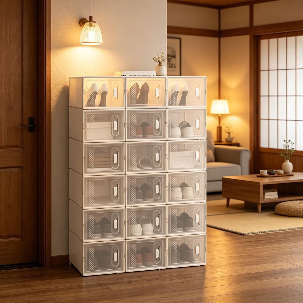 REDOM- Schoenopbergkast - Stapelbaar modulaire opbergboxen - Transparant front met opening aan voorkant - Kunststof - Wit - 75 x 35,5 x 111,5 cm