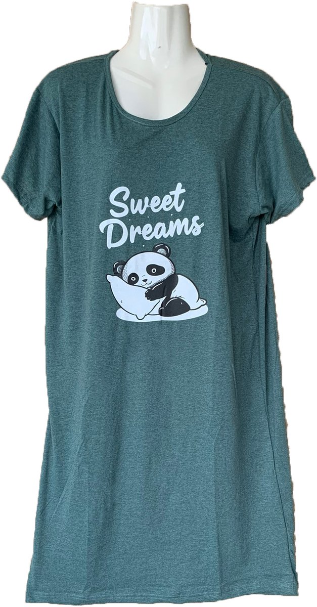 Big Shirt Dames Nachthemd Katoen Knielengte - Kleur Groen met Panda Print - Maat M