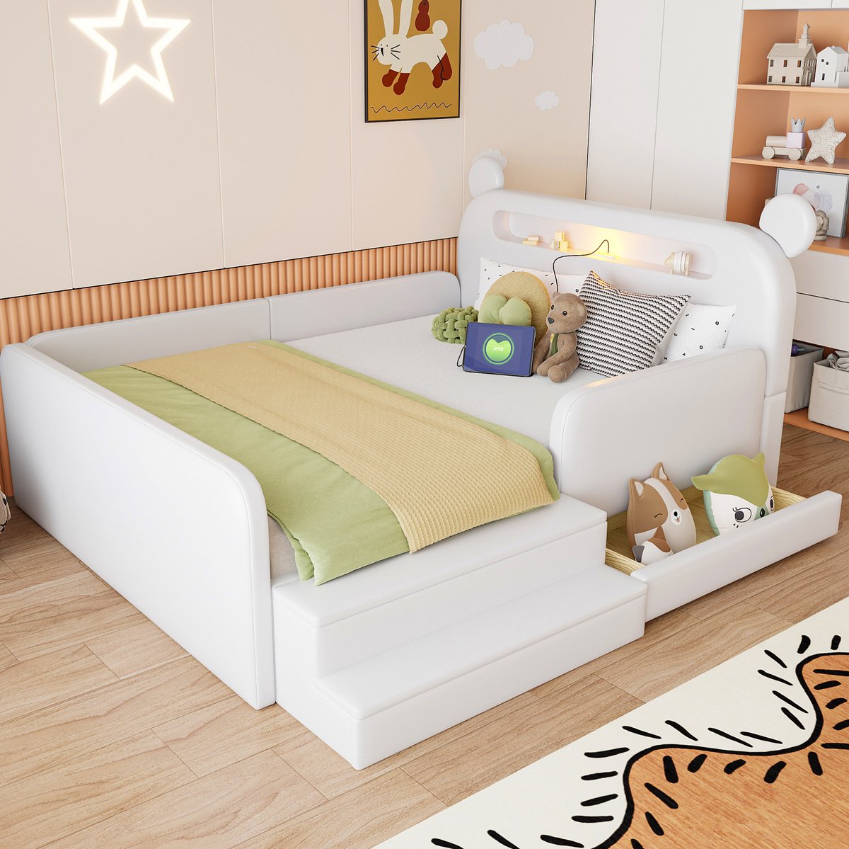 OKWISH Kinderbed 140x200 cm - Beren Hoofdbord met Nachtlicht en Usb Laadpunt - Met Opbergruimte en Lades - Zonder Matras - Kunstleer - Wit
