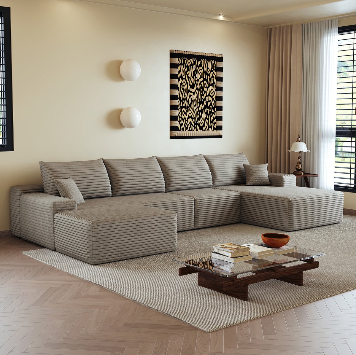 OKWISH Hoekbank - 340 cm Modulair Hoeksofa Met L-vormige Chaise Longue - Zonder Montage - Voor Woonkamer of Slaapkamer - Stof - Camel