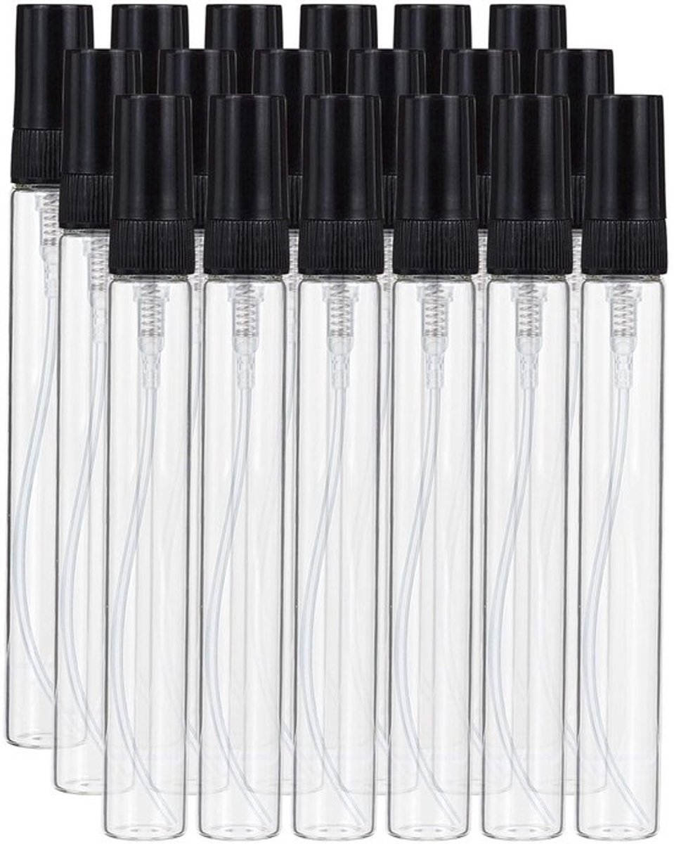 Spuitfles 10 ml - Mini Spuitflacon - Fijne Nevel - 25 Stuks - Transparant Glas - Pompdeksel Zwart - Nevelspuit