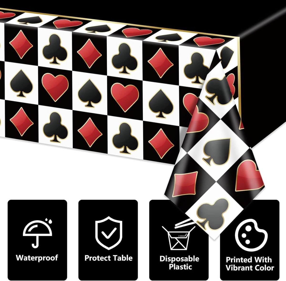SnelShoppen - 4 Pcs Zwarte Casino Tafelkleed Set, Rectangulaire Pokertafelkleed voor Casino Thema Feest Decoraties, Speelkaarten Tafelkleed voor Verja