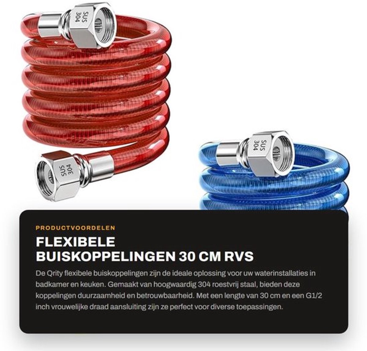 Flexibele Buisverbindingen G1/2 Inch - 30 cm - Roestvrij Staal 304 - Waterdichte Slang - Hoge Druk Weerstand - Isolatie PVC - Waterleiding