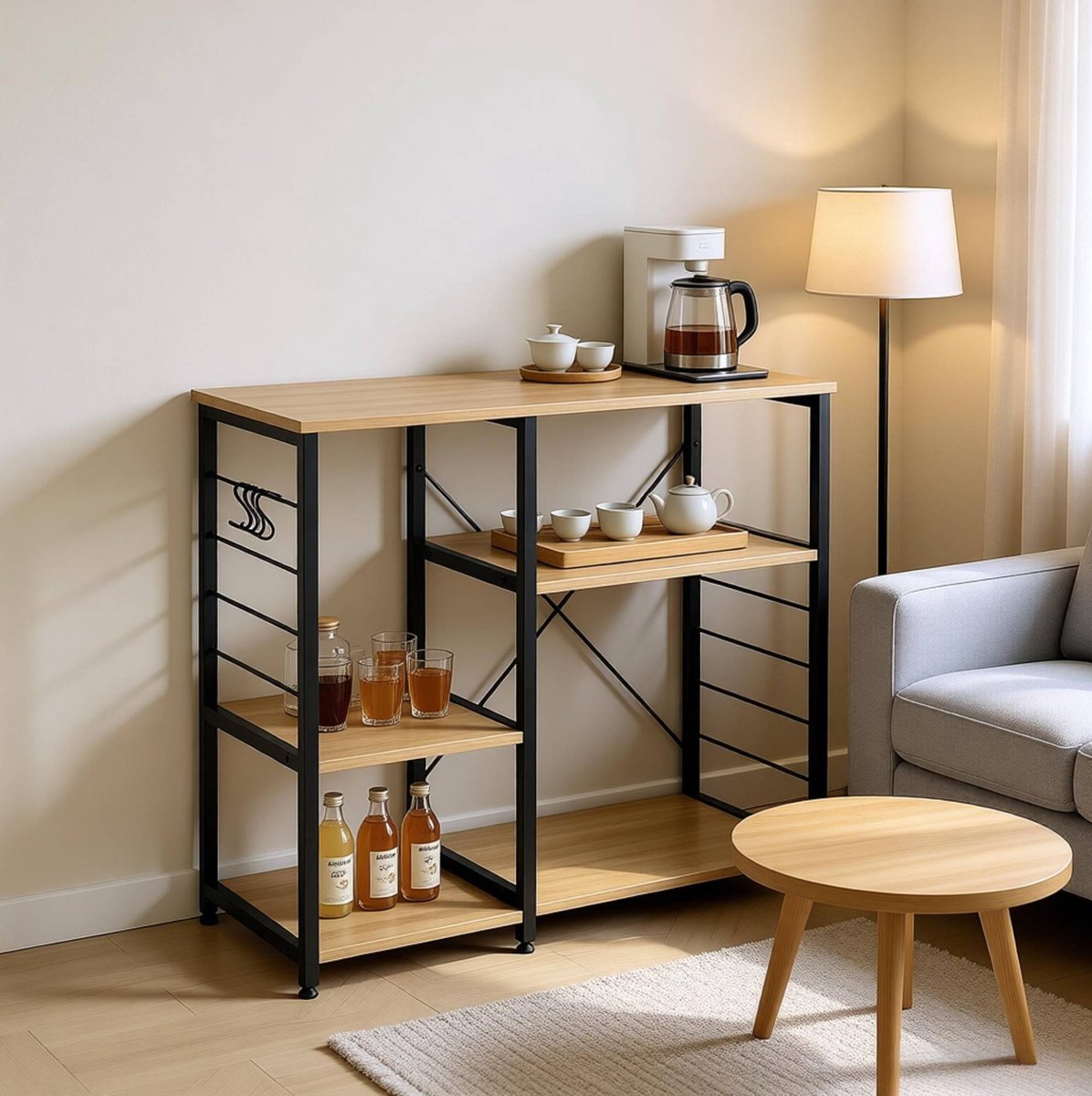 HAUSS SPOLE Kast – 90 x 40 x 83,5 cm – Metaal En MDF – Licht Eiken – Open Opbergrek Voor Keuken, Hal En Woonkamer – 5 Planken