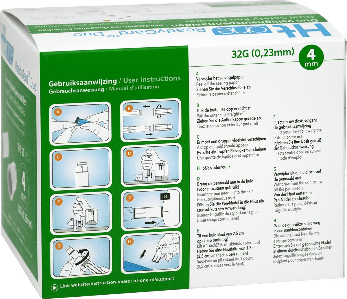 Ht One ReadyGard Duo veiligheidspennaald (32G - 4mm) - 100 stuks