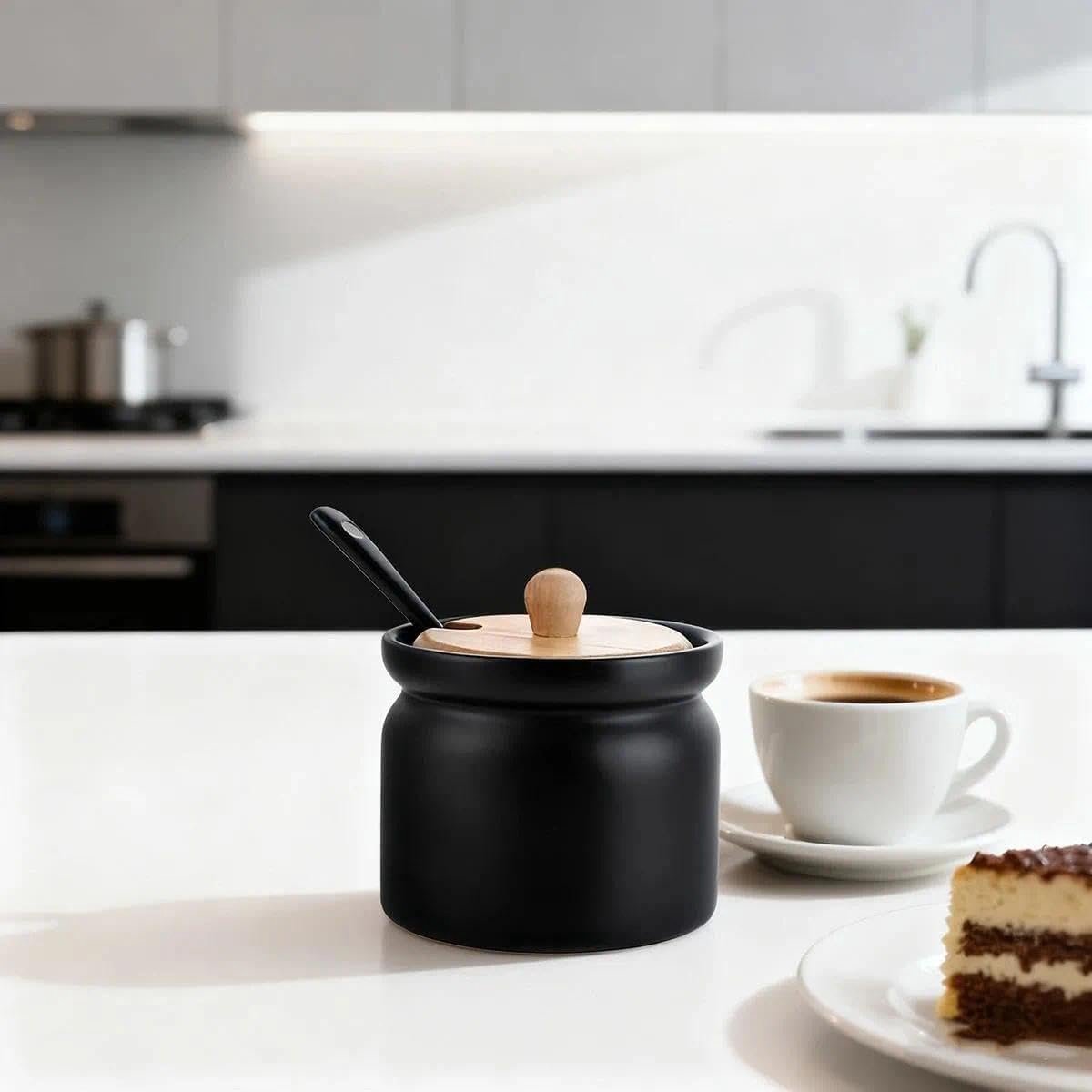 SnelShoppen - Set van 2 Keramische Kruidenpotjes met Bamboedeksel, 180 ml, Zwart - Bewaardozen voor Zout, Suiker, Keuken en Eetkamer