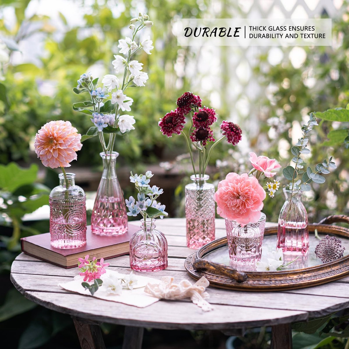 SnelShoppen - 12 stuks glazen bloemenvaasjes, mini vintage bud vaasjes in roze, kleine decoratieve vaasjes voor rustieke bruiloften, tafelstukken en f