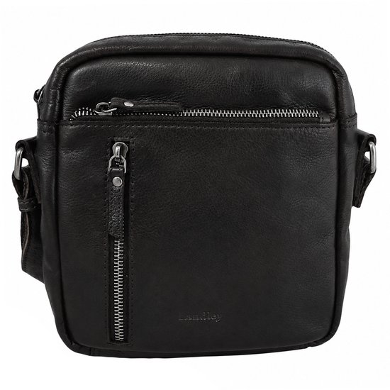 Zwarte leren Landley crossbody tas met verstelbare schouderriem en zilverkleurige ritsen.