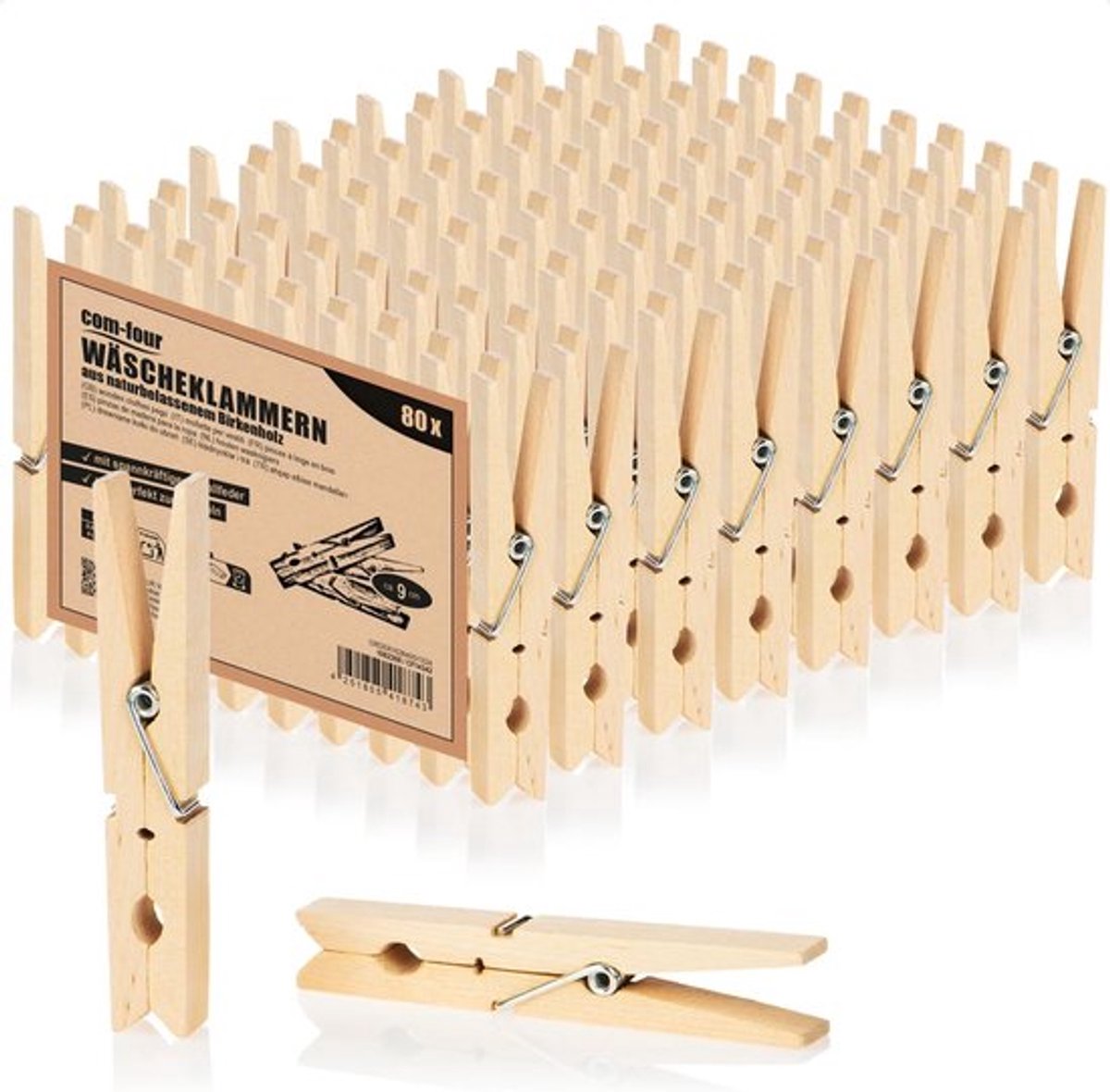 SnelShoppen - XL Houten Wasknijpers 80 Stuks - Duurzame Berken Houten Klemmen met Sterke Metaalveer - Onbehandeld - Ideaal voor Buitenshuis, Camping e
