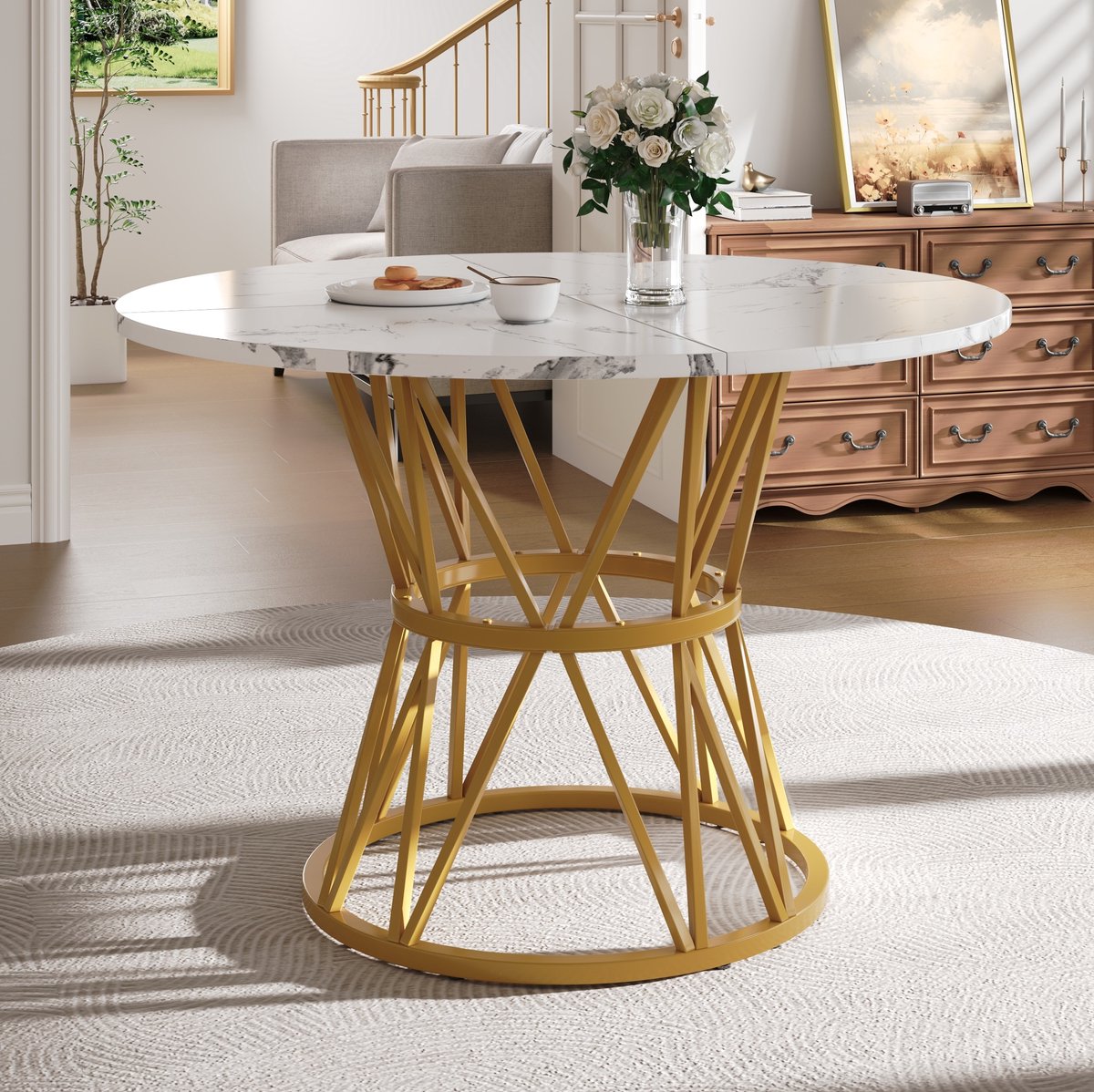 MEUNIQ Ronde eettafel 100 cm x 76 cm met goudkleurig metalen onderstel en marmerlook MDF tafelblad, geschikt voor 4 personen, voor eetkamer of woonkamer