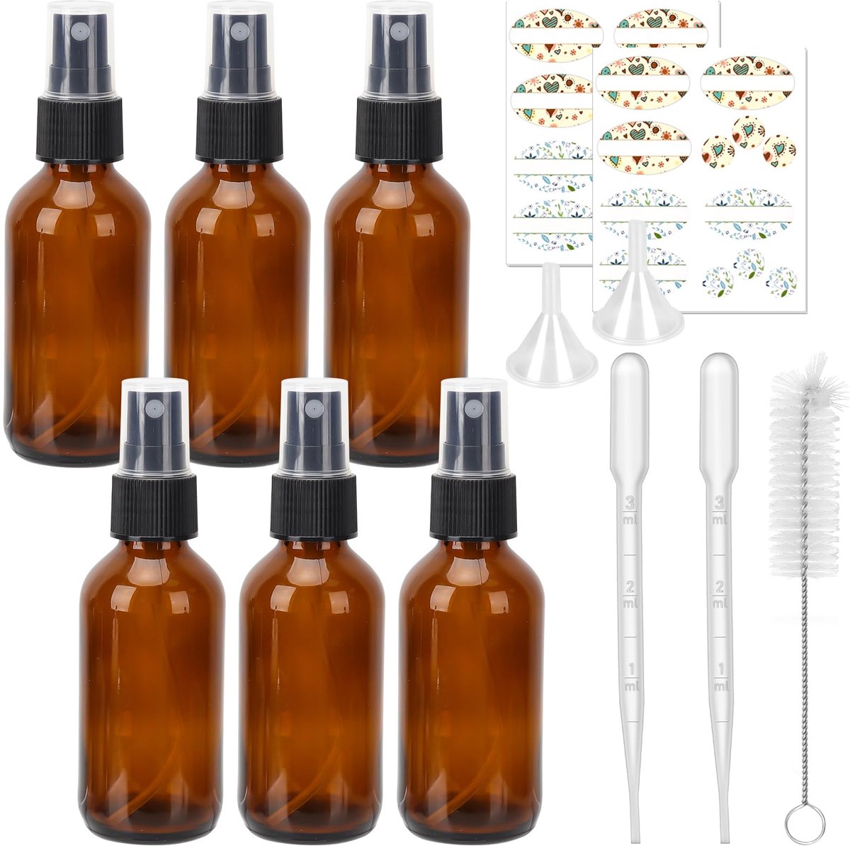 SnelShoppen - 6 Stuks Amberkleurige Glazen Spuitflessen 60 ml met Fijne Nevelsproeiers en Stofkap - Ideaal voor Etherische Oliën, Reinigingsoplossinge