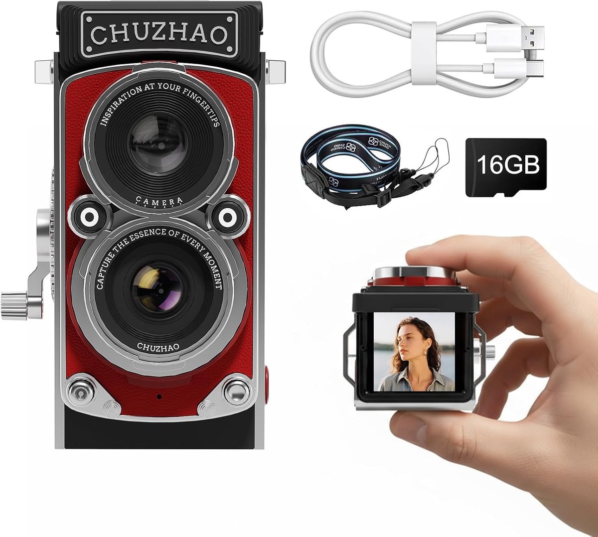 SnelShoppen - Retro Digitale Camera met Tijdstempel - Draagbare TLR 1080P FHD Video, 12MP Autofocus, Dubbel Filters, USB Mini Vintage Camera, Rood - I