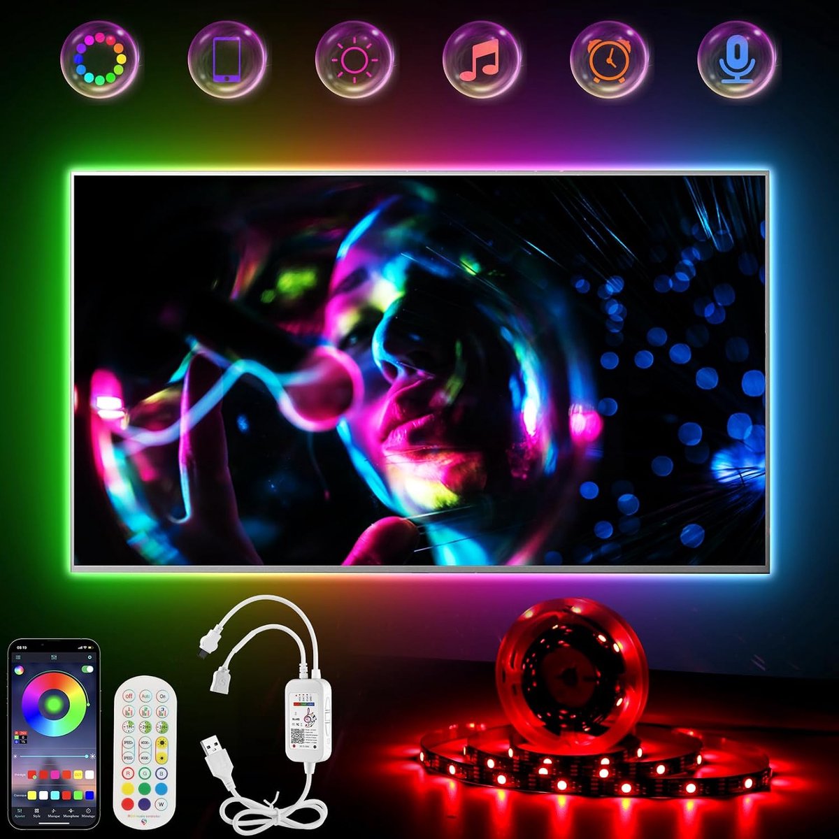 LED tv-achtergrondverlichting 2M - RGB Led Strip - Bestuurbaar via APP - Muzieksynchronisatie voor TV - ShopVlot