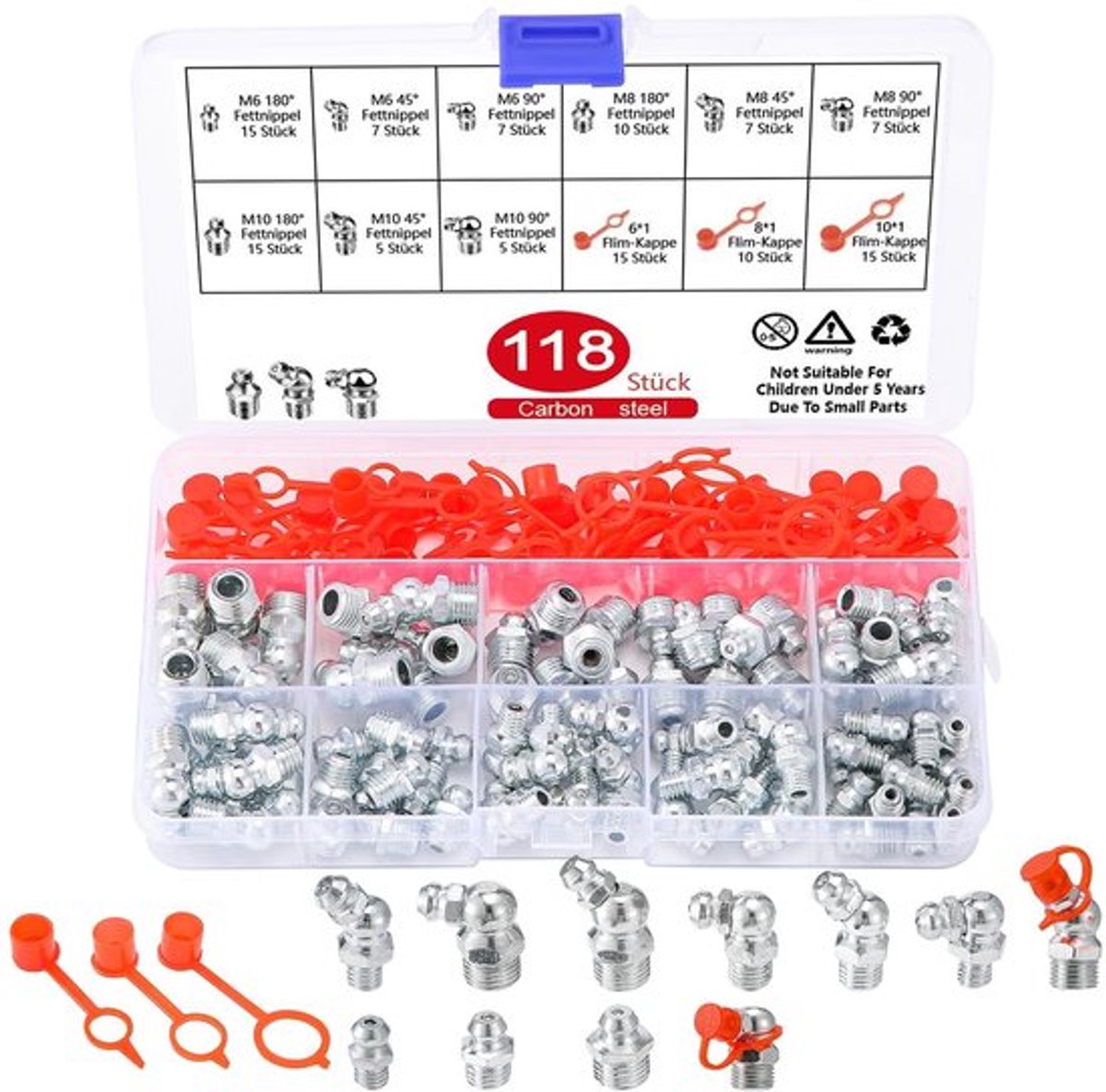 Smeernippel Set 118 Stuks - M6/M8/M10 Schroefdraad - Rechte/45°/90° Kegelsmeernippels - Vetspuit Accessoires - Gegalvaniseerd Koolstofstaal - Roestbestendig - Smeernippelset