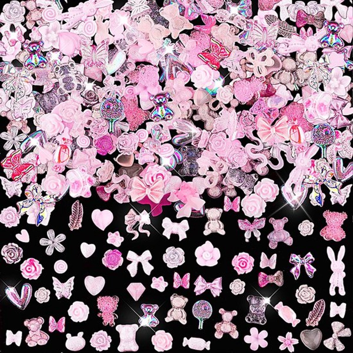 Nagel Charms 300 Stuks - 3D Roze Mix - Vlinder/Boog/Bloem - DIY Nagel Kunst - Hars Accessoires - Gemengde Maten - Nageldecoratie