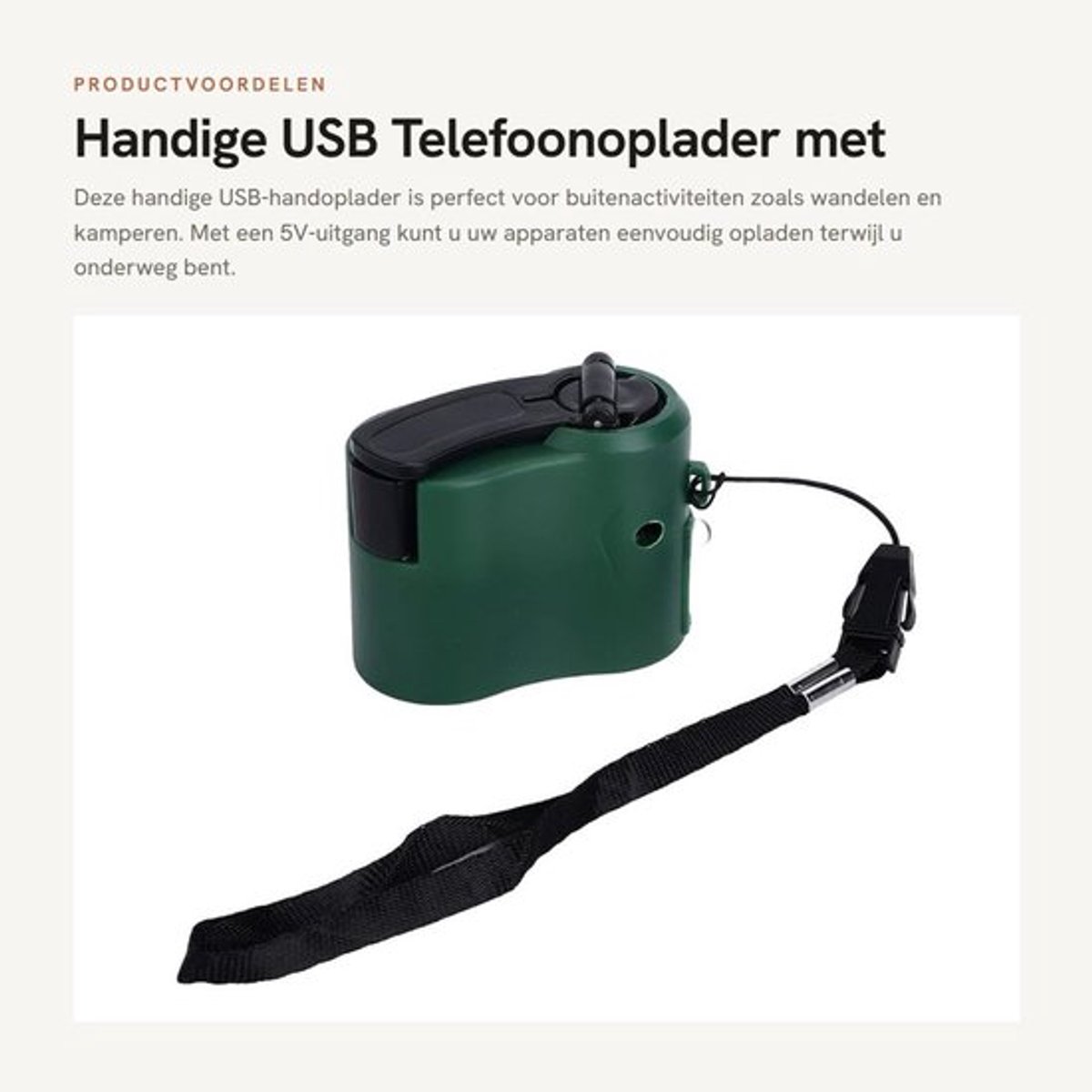 Telefoonoplader 5V-uitgang - USB-handslingeroplader - Oplaadindicator - LED-licht - Voor wandelen/kamperen - Powerbank