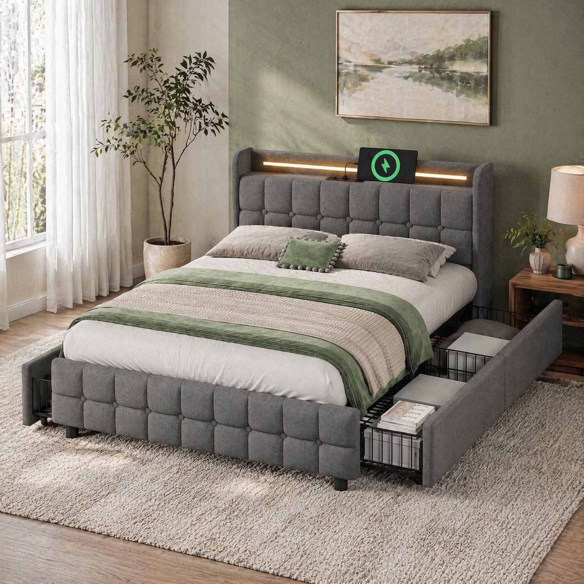 COVREO Bedframe 140x200 cm grijs, LED, USB, opbergruimte, zonder matras