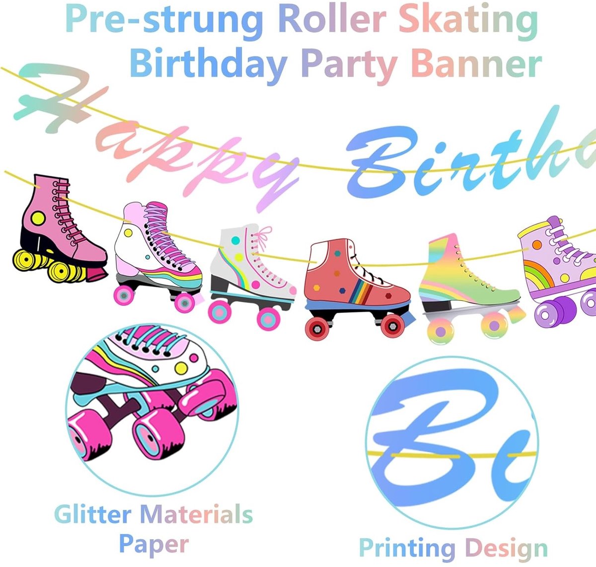 Kleurrijke Versiering voor Verjaardagsfeest met Roller Skates, Glitter Decoraties en Hangende Versieringen voor een Roller Skate Themafeest