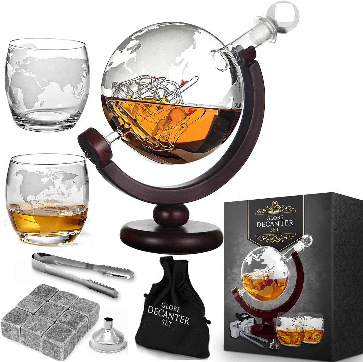 SnelShoppen - MikaMax Globus Decanter-set Whiskykaraf Wereldbolvorm 850ml met 2 Glazen, Handgemaakt, Transparant, Luchtdichte Sluiting voor Feest en T