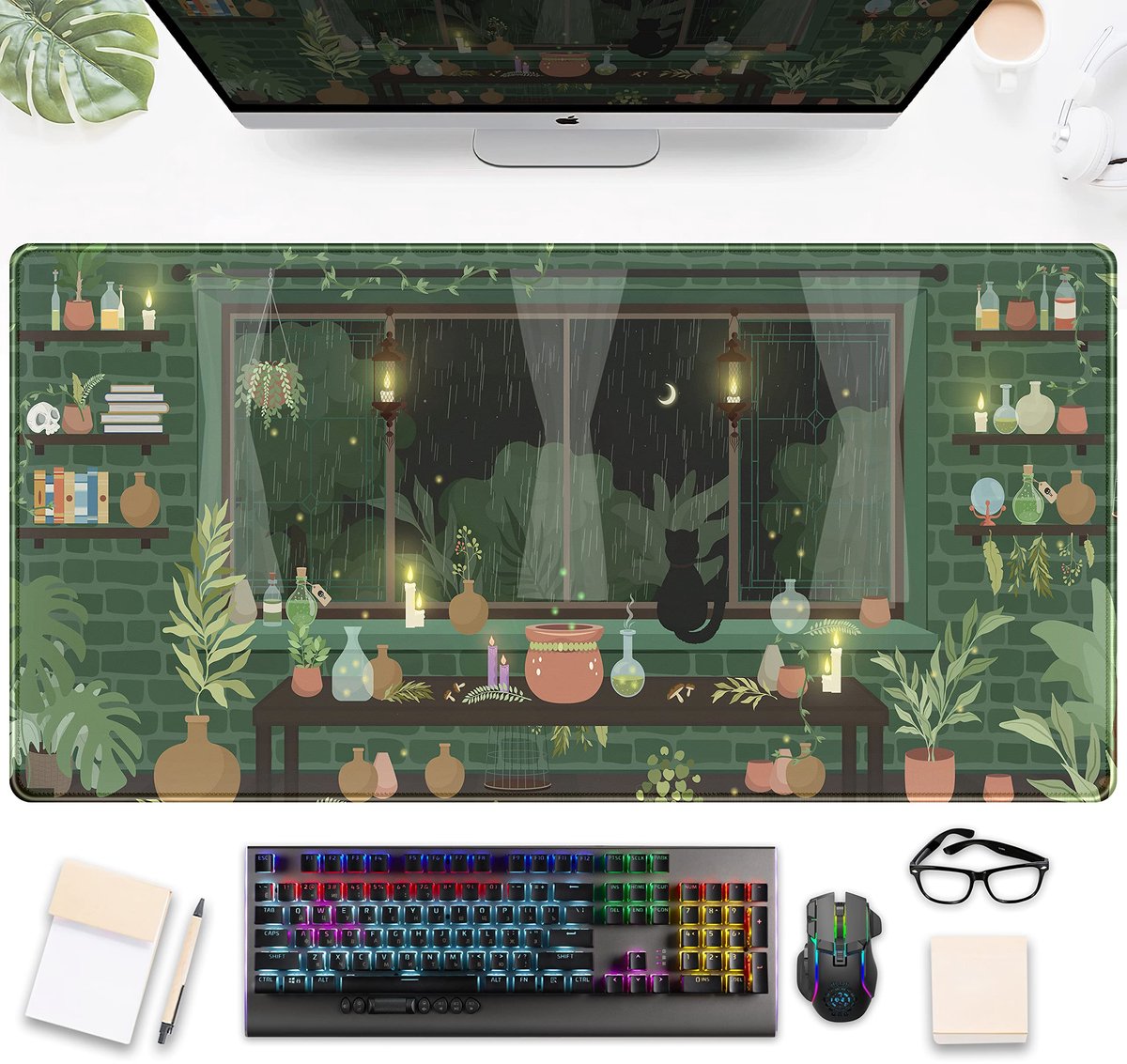 SnelShoppen - XXL Gaming Muismat met Groene Planten en Kawaii Zwarte Kat - Esthetische Bureaumat voor Laptop en Toetsenbord - Comfortabel Lycra, Ideaa