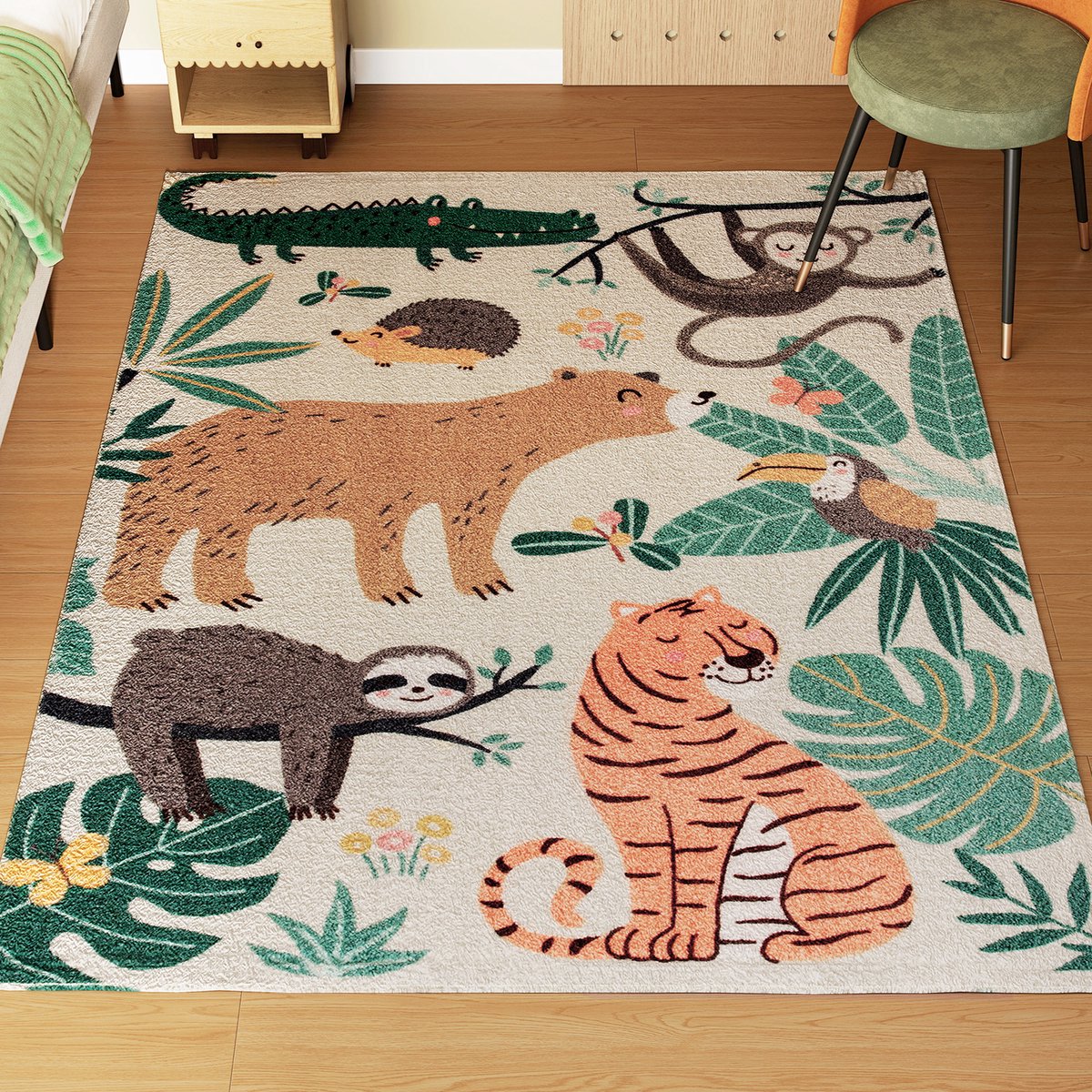 ECTEATOY® Vloerkleed met Junglepatroon - Carpet -Tapijt -Zacht Fleece - 120 x 160 cm - Antislip & Onderhoudsvriendelijk - Crèmewit