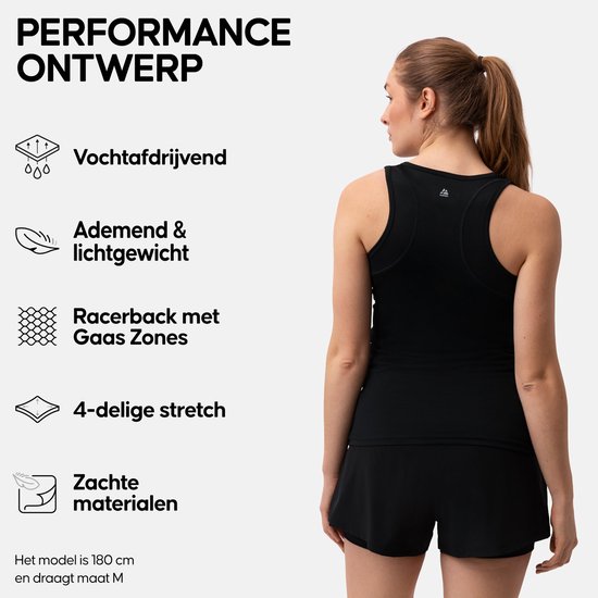 Dames zwart racerback sporttanktop, vochtafvoerend, ademend en lichtgewicht. Model draagt M, 180 cm.