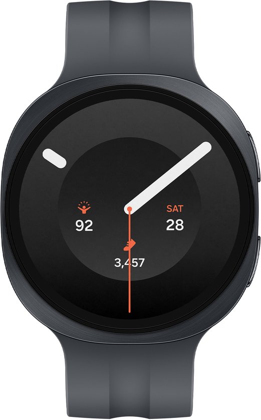 Montre connectée Samsung Galaxy Watch9 noire avec bracelet numérique, affichant la date et les pas.