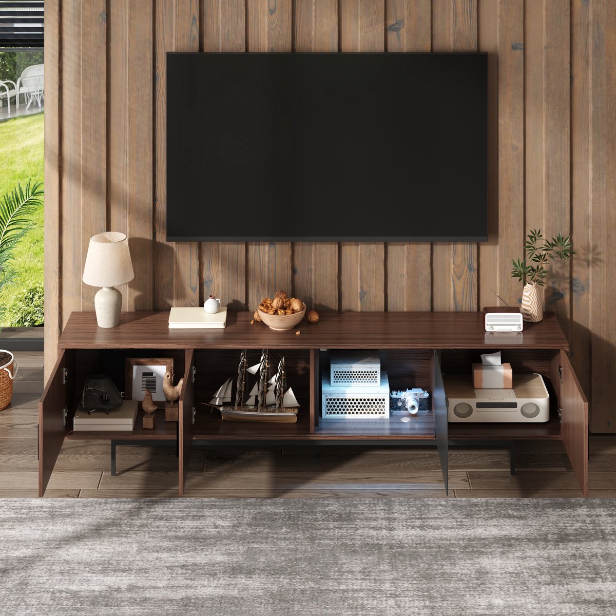 Tv meubel - lage kast - met gegraveerd patroon -met LED-verlichting en gehard glazen deuren - houtkleur