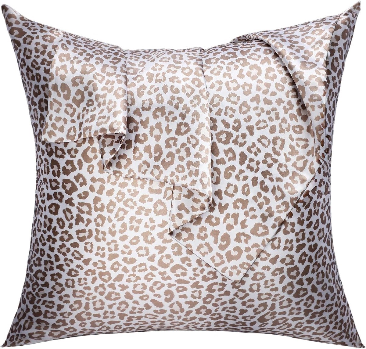 SnelShoppen - Luxe Satijnen Kussenhoes met Rits - 40x40cm - Polyester Satijn - Gladde Bloemenprint met Crème Luipaard - Perfect voor Slaapkamer en Woo