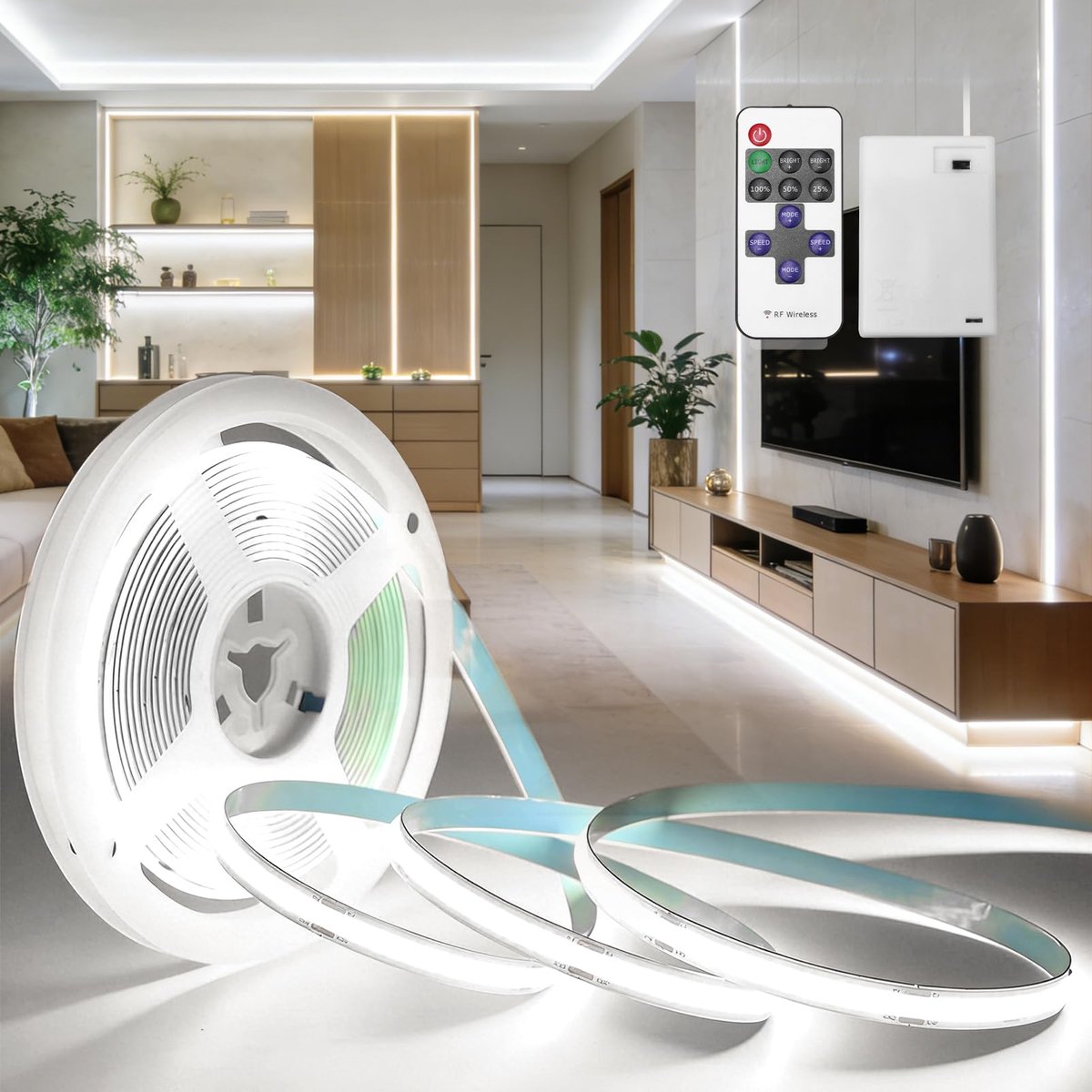 SnelShoppen - Dimbare LED Strip 3M 6000K Wit, 320 LEDs/M, Zelfklevend, Flexibel, Draadloos Batterij Aangedreven met Afstandsbediening voor Slaapkamer,