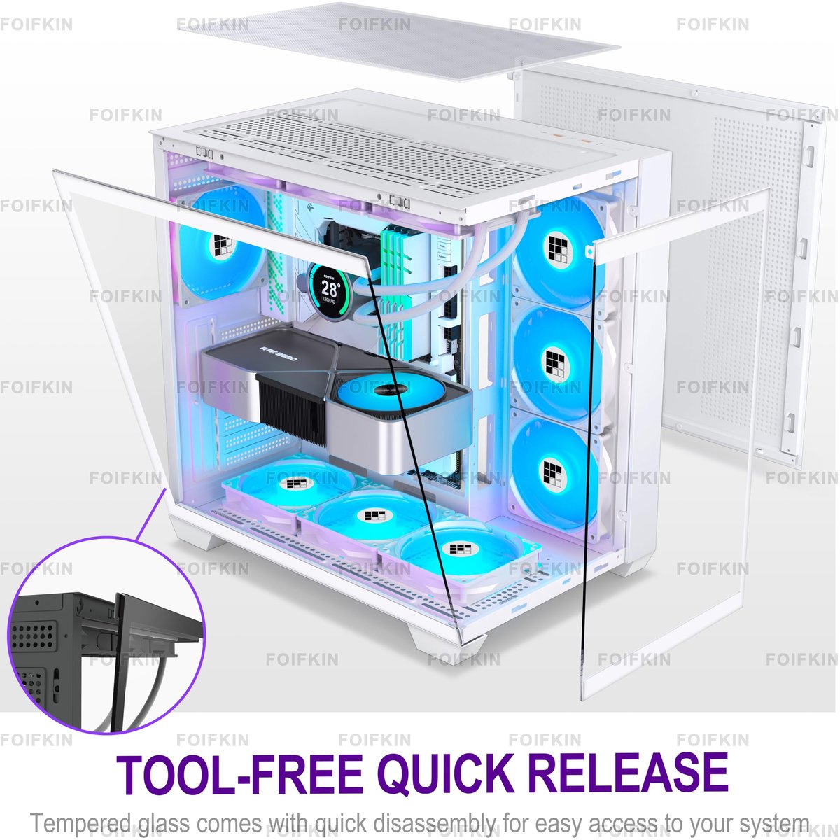 SnelShoppen - FOIFKIN F300-RGB ATX Mid-Tower Gaming PC behuizing met 7 PWM ARGB ventilatoren, 270° panoramaglas en Type-C aansluiting (wit)