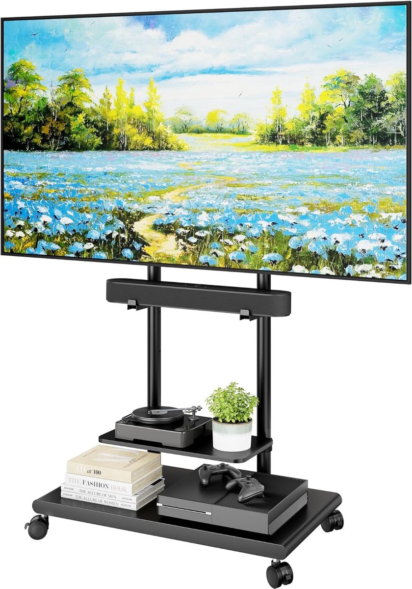SnelShoppen - Mobiele TV Standaard met Soundbar Beugel voor 50-90 inch TV tot 70 kg - Draaibaar Hoogte Verstelbare TV Meubel met Plank en Verborgen Ka