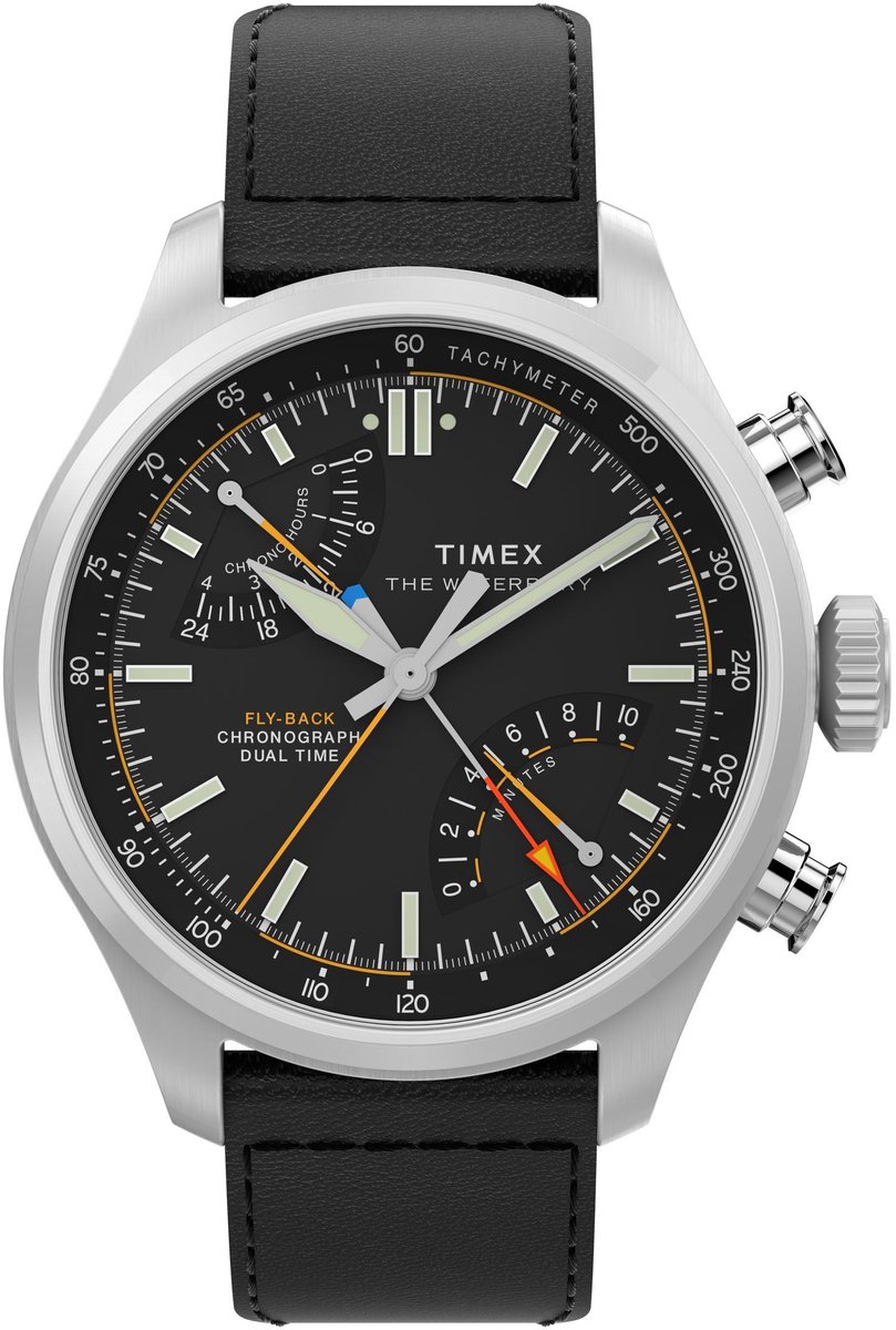 Timex Waterbury Ace Fly-Back Chronograph Quartz Chronograaf Horloge Zwart En Zilverkleurig Kast Gemaakt Van 100% Roestvrij Staal En Een Armband Van 100% Leer 43 TW2Y70000AJ
