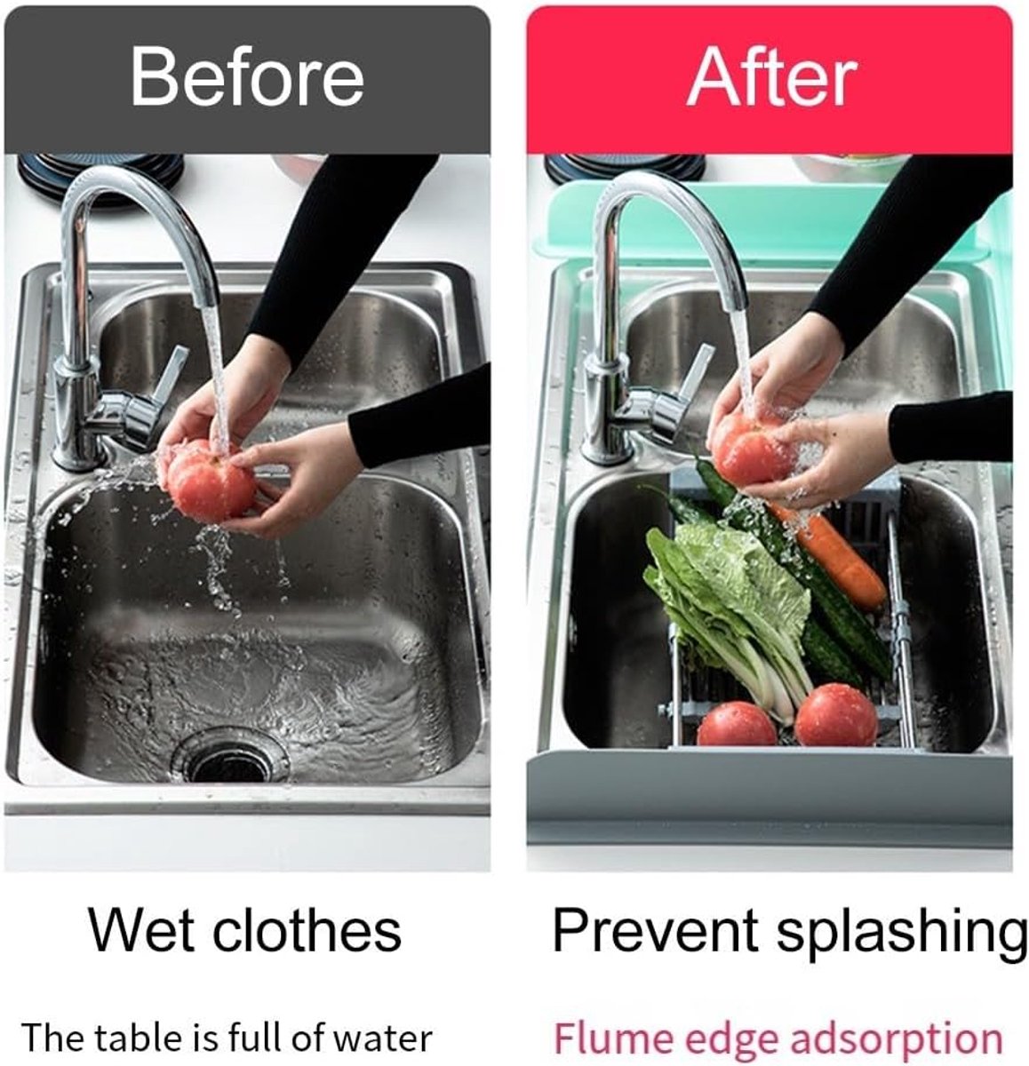 SnelShoppen - Silicone Afwas Splash Guard, Herbruikbare Water Bescherming, 49 x 5 x 8.5 cm, Keuken Splash Guard, Zwart, Perfect voor Afwassen en Badka