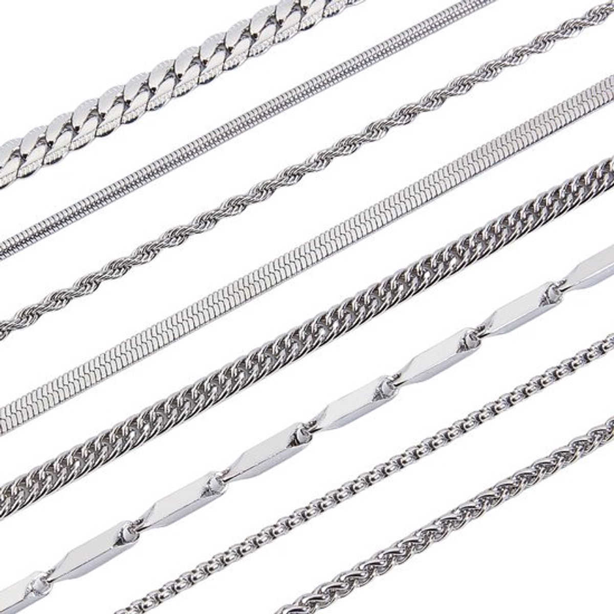 Ketting Set 8 Stuks - Roestvrij Stalen Kettingen - Zilverkleurige Kettingen - Cubaanse/Touw/Platte Kettingen - 55 cm - Comfortabel en Krasbestendig - Sieraden