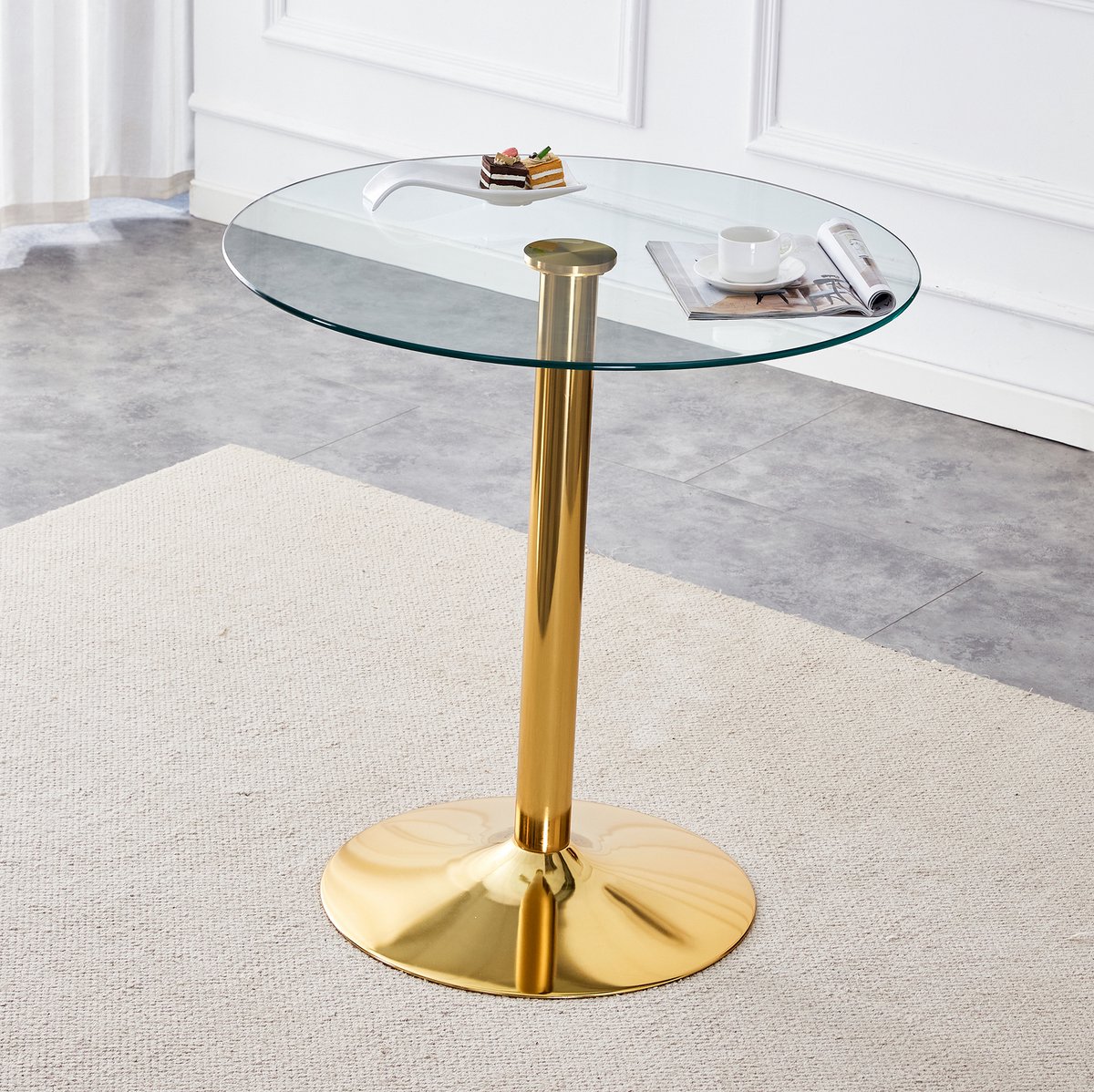 MEUNIQ ronde bartafel 89 x 89 x 92 cm met transparant glazen blad en gouden metalen voet voor woonkamer, thuisbar of café Gold