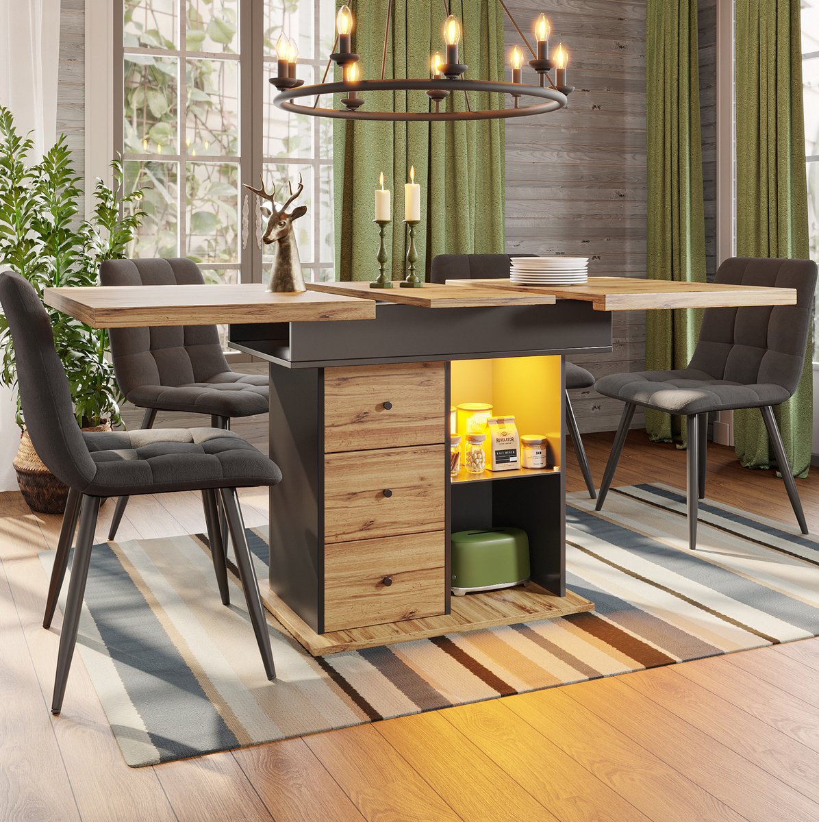 MEUNIQ uitklapbare eettafel 110-140 x 80 x 75 cm met LED-verlichting, USB-aansluiting, 2 l