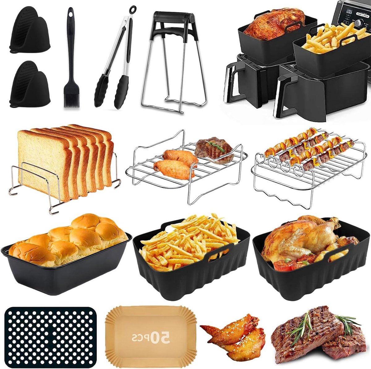 Airfryer Accessoires Set - Keuken Hulpstukken - Veelzijdig Koken - Voedselveilig Materiaal - 7.6L-9.5L Compatibel - Grijs