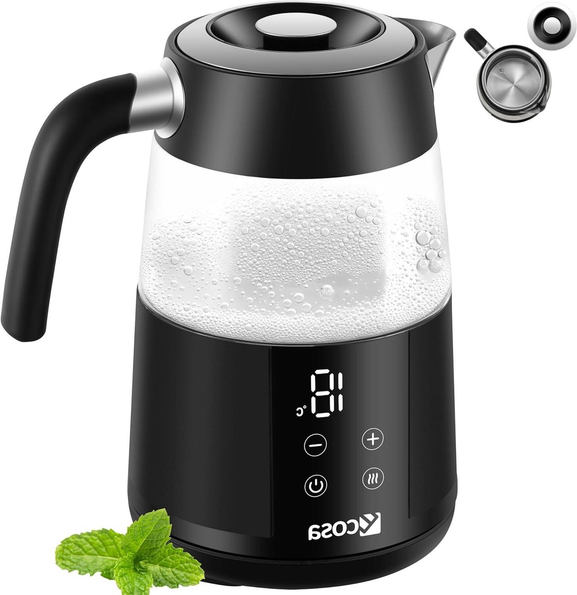 Elektrische Waterkoker - Temperatuurregeling Glas - Thee Koffie Zetten - 13 Temperatuurstanden - 17 Liter - Zwart