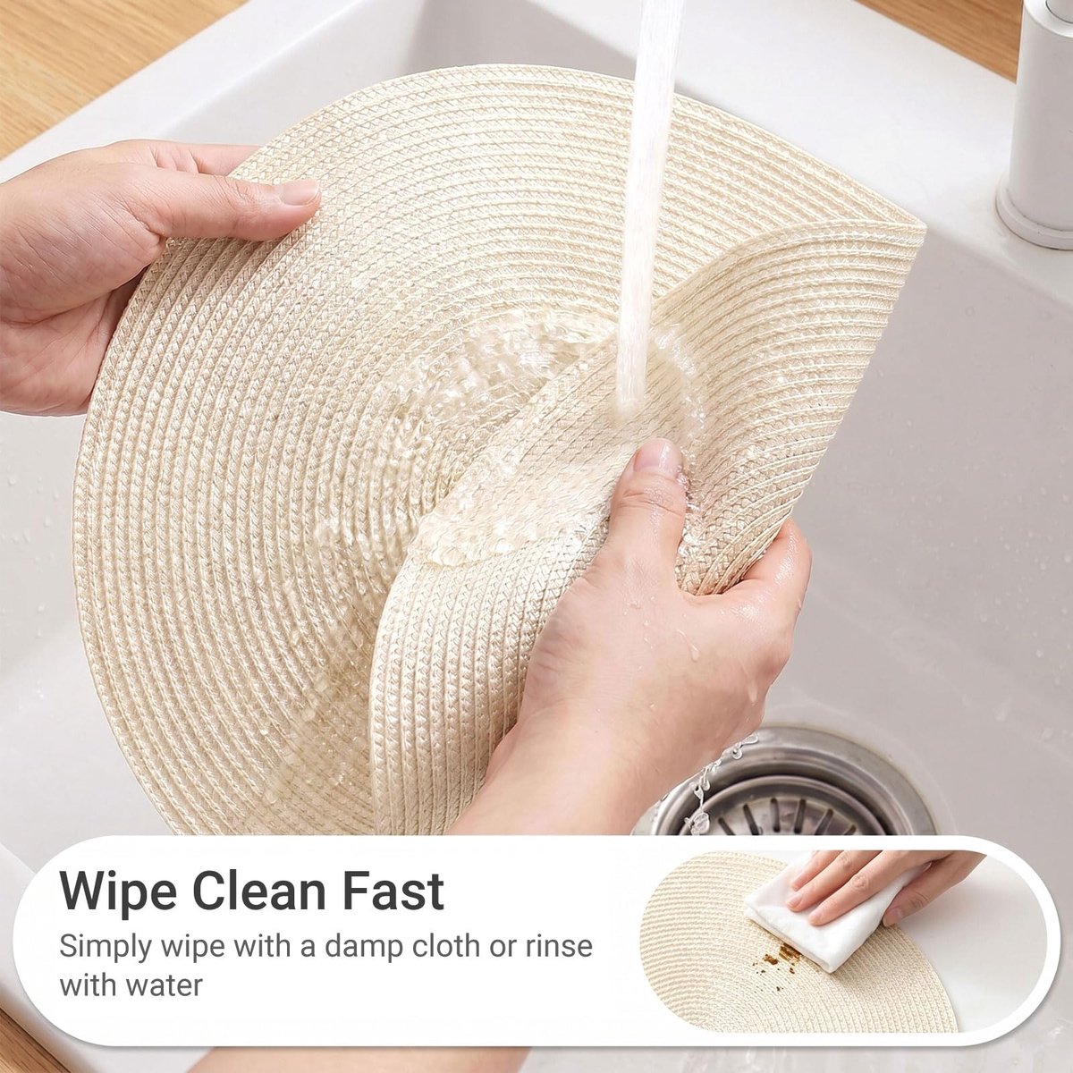 SnelShoppen - 6 Ronde Gevlochten Placemat Set, Hittebestendig, Wasbaar, Antislip, Kreukvrij, 38 cm, Beige Ivoor voor Eettafel, Keuken, Feest en Tuin