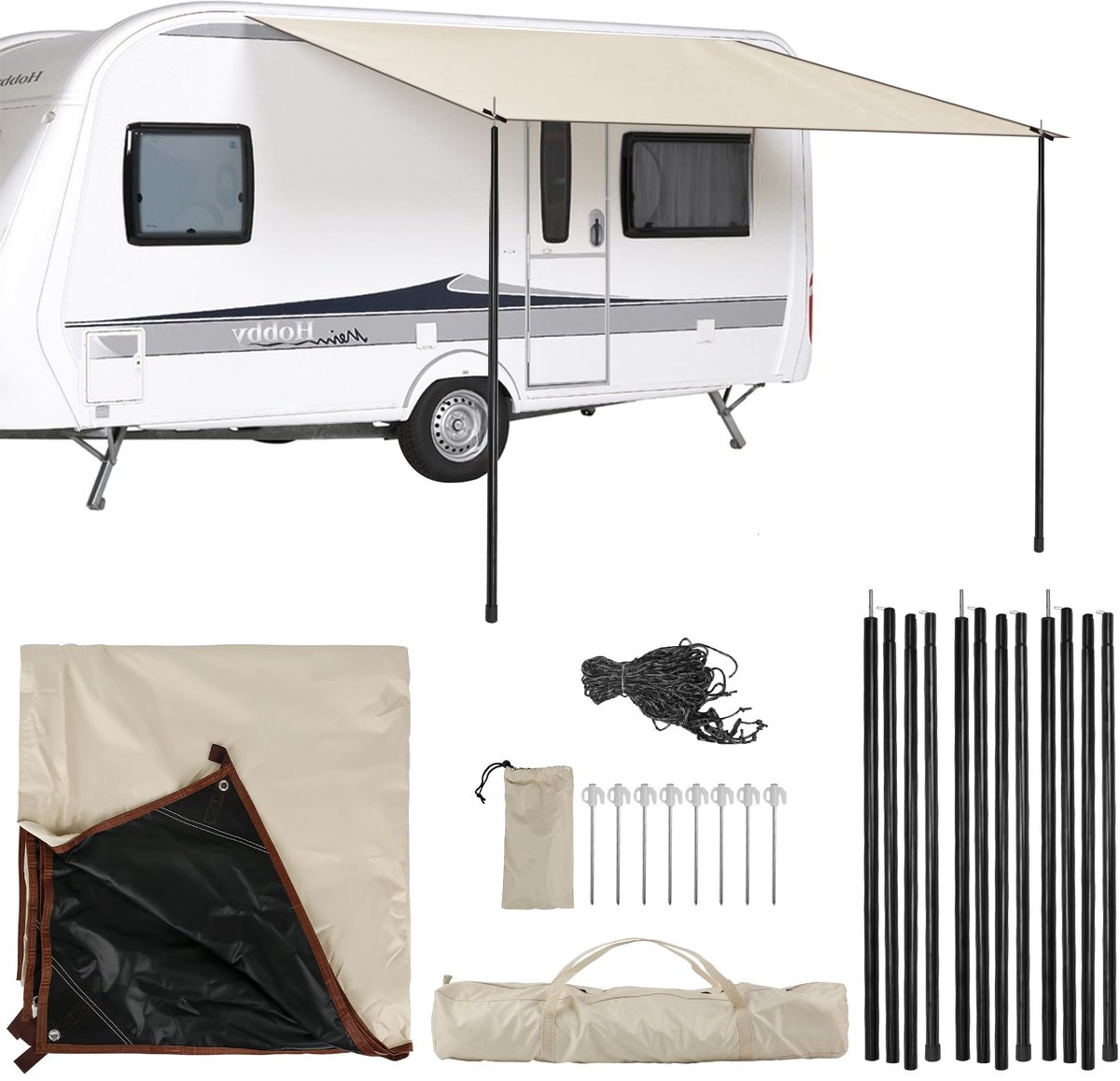 SnelShoppen - Opaltool Luifel voor Aanhangwagen en Camper 2,5m x 4m met Spandraden, Steunpalen en Heupen, Geschikt voor Luifelrails 4,3/6,2/7 mm voor